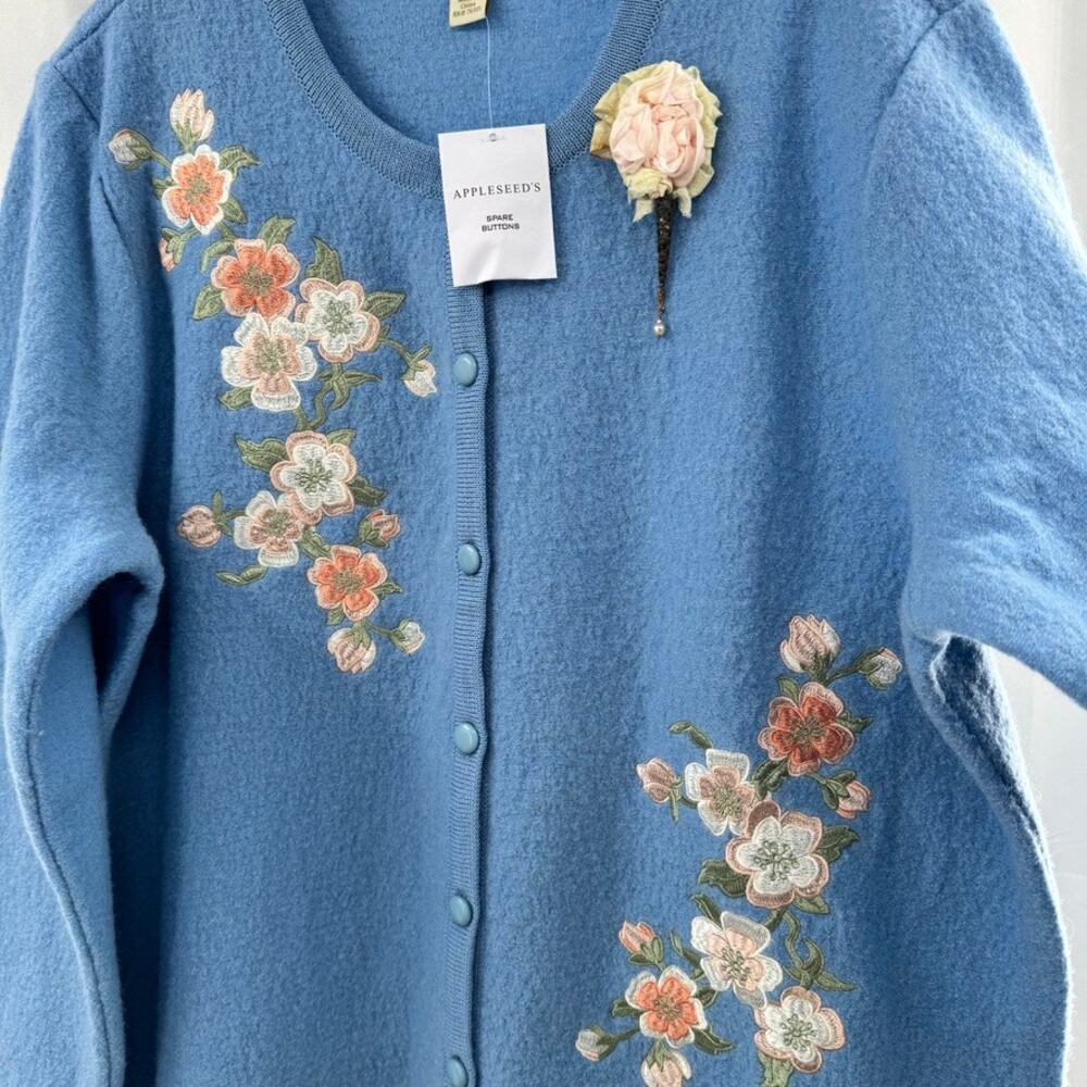 Appleseed's Boiled Wool Embroidered Button Front Cardigan Blue Sz XL Floral - Picture 2 of 5